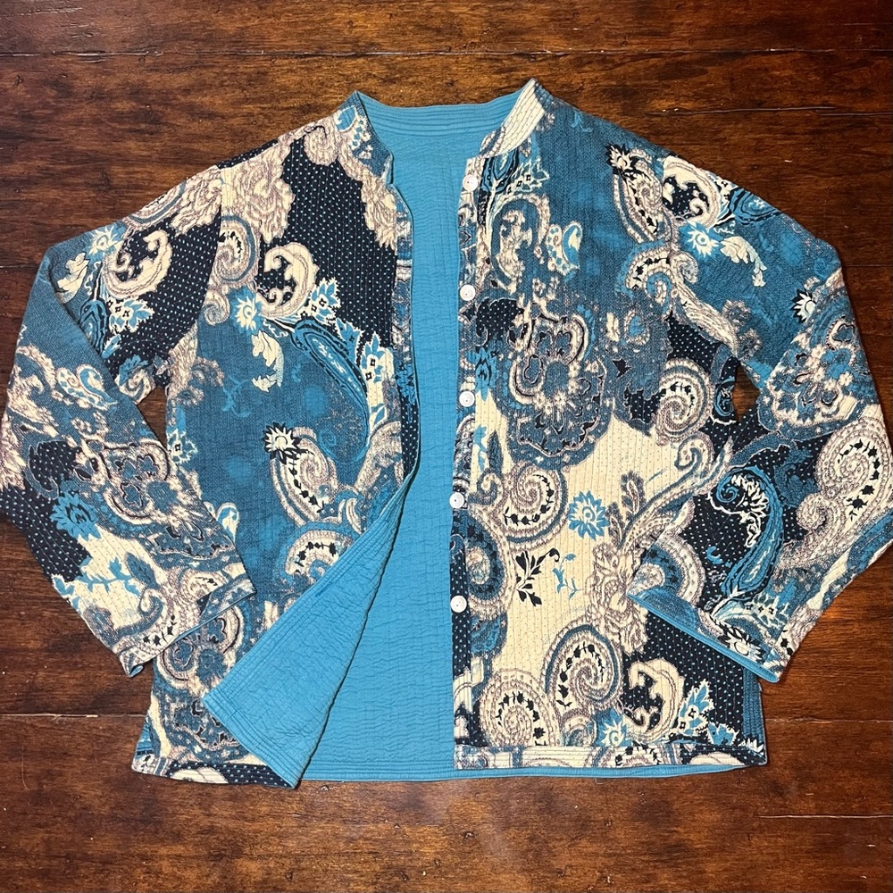 Women's‎ Quilted Reversible Jacket Paisley Mandarin Collar Blue Boho Grandma 90s